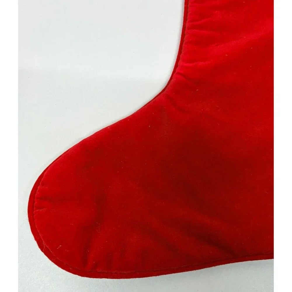 Vtg Wool Needle Point Christmas Stocking Red Velvet Poinsettias Oil Lamp